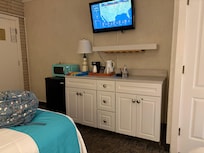Microwave and refrigerator bar in room