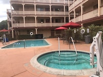 Clean swimming pool & it’s surrounded with green plantation
