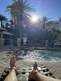 Lovely sun, pool and hot tub.