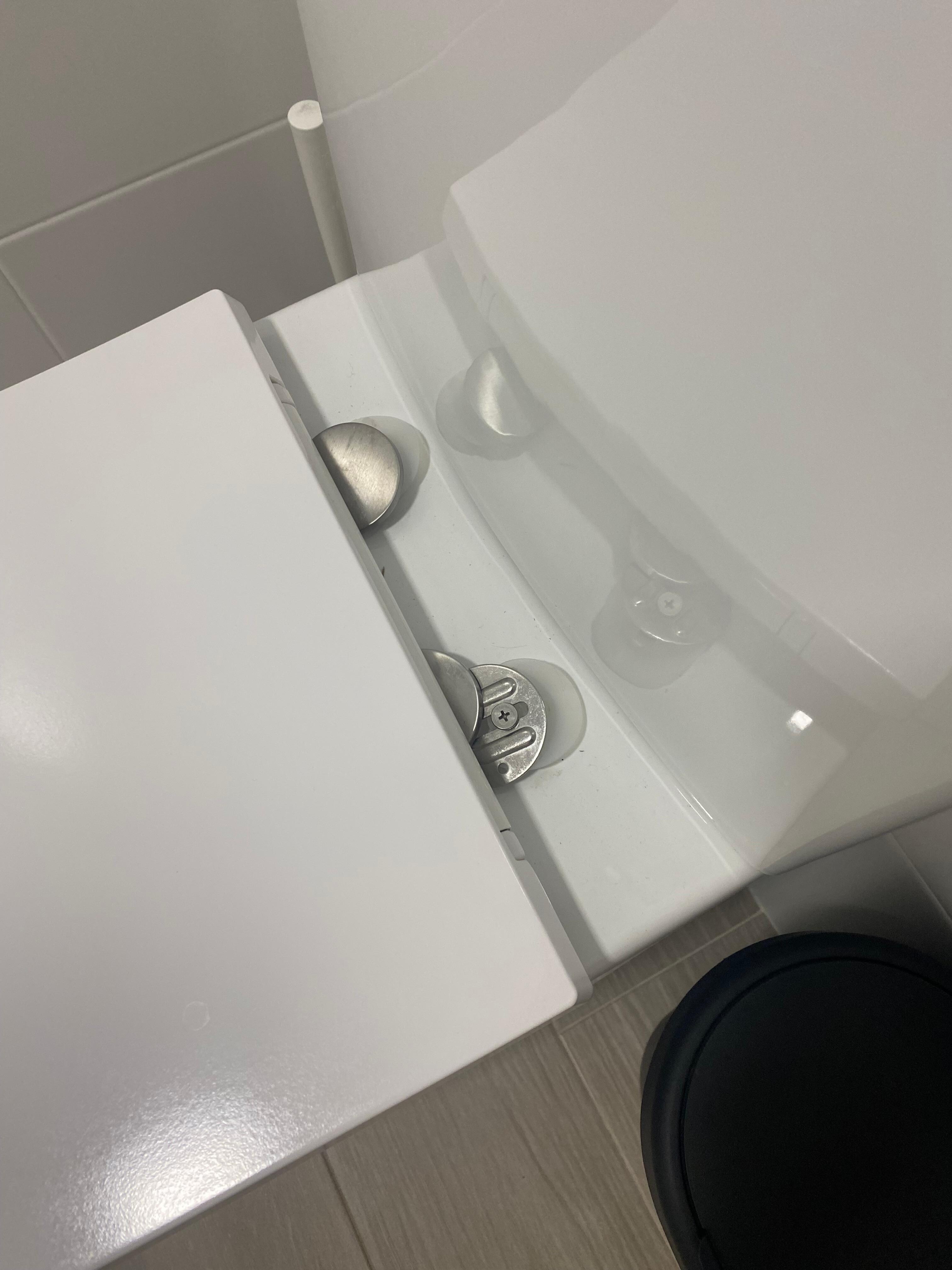 Toilet seat almost falling off.