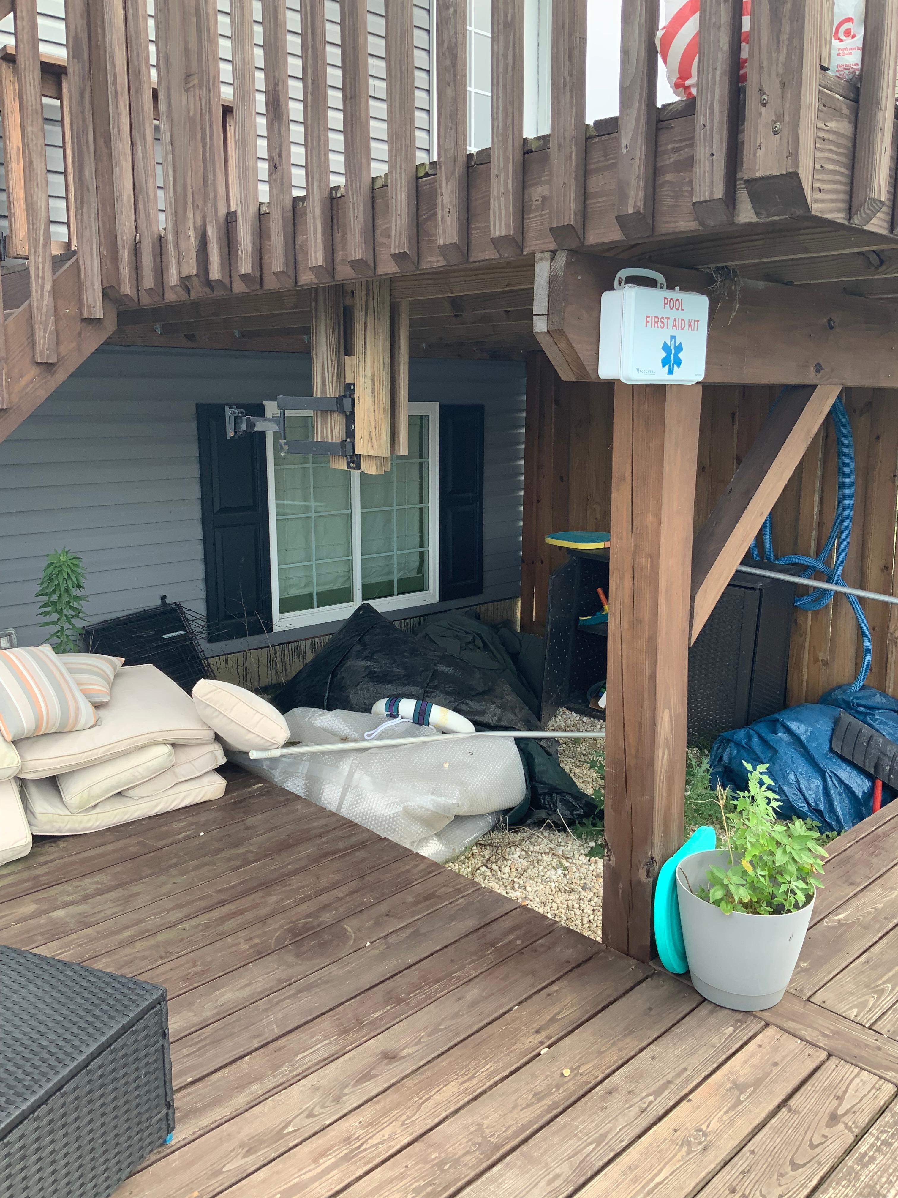 Weeds and a mess under the deck. We heard scurrying of rodents here. 