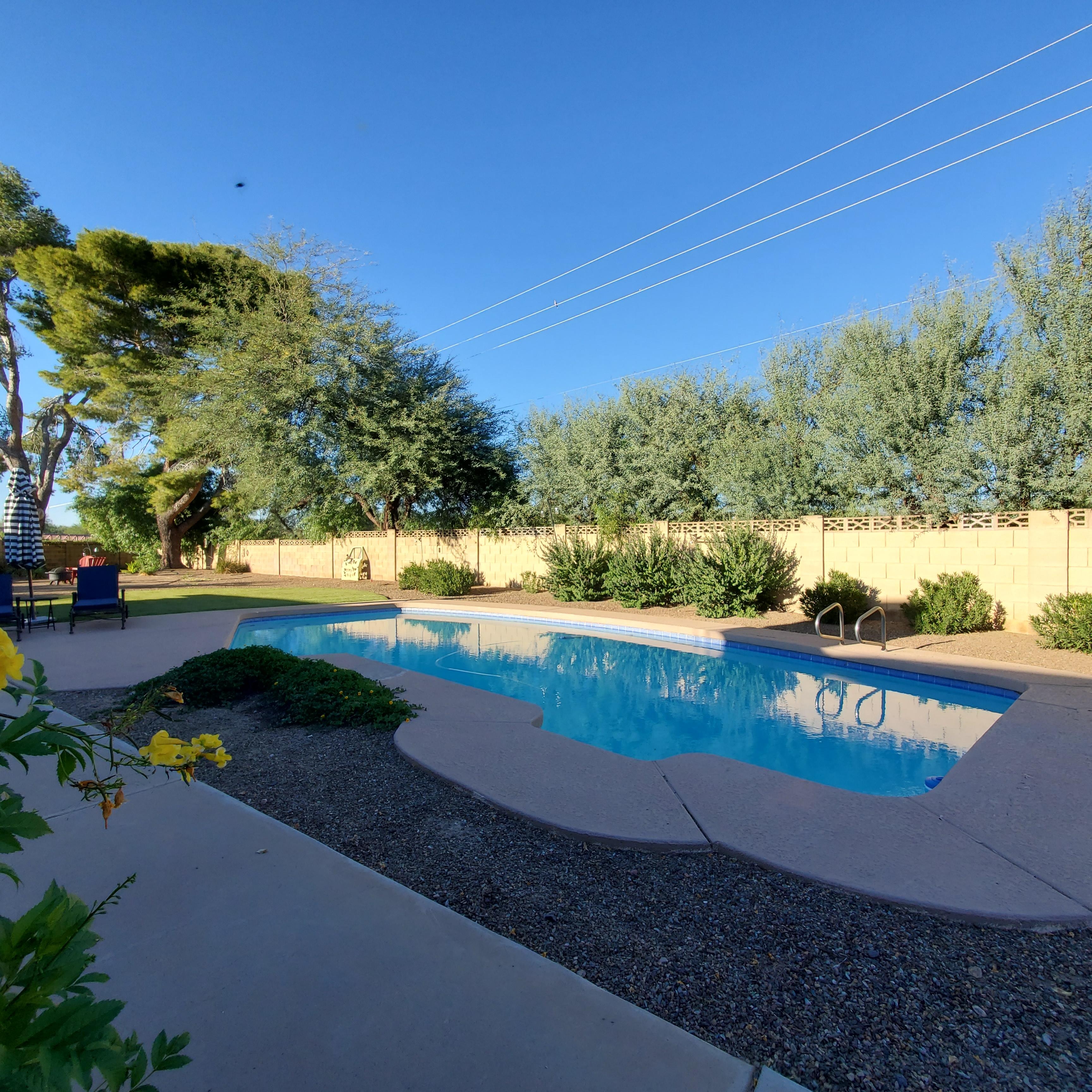 Backyard, canal behind trees, gate with secure lock to access canal walk etc.