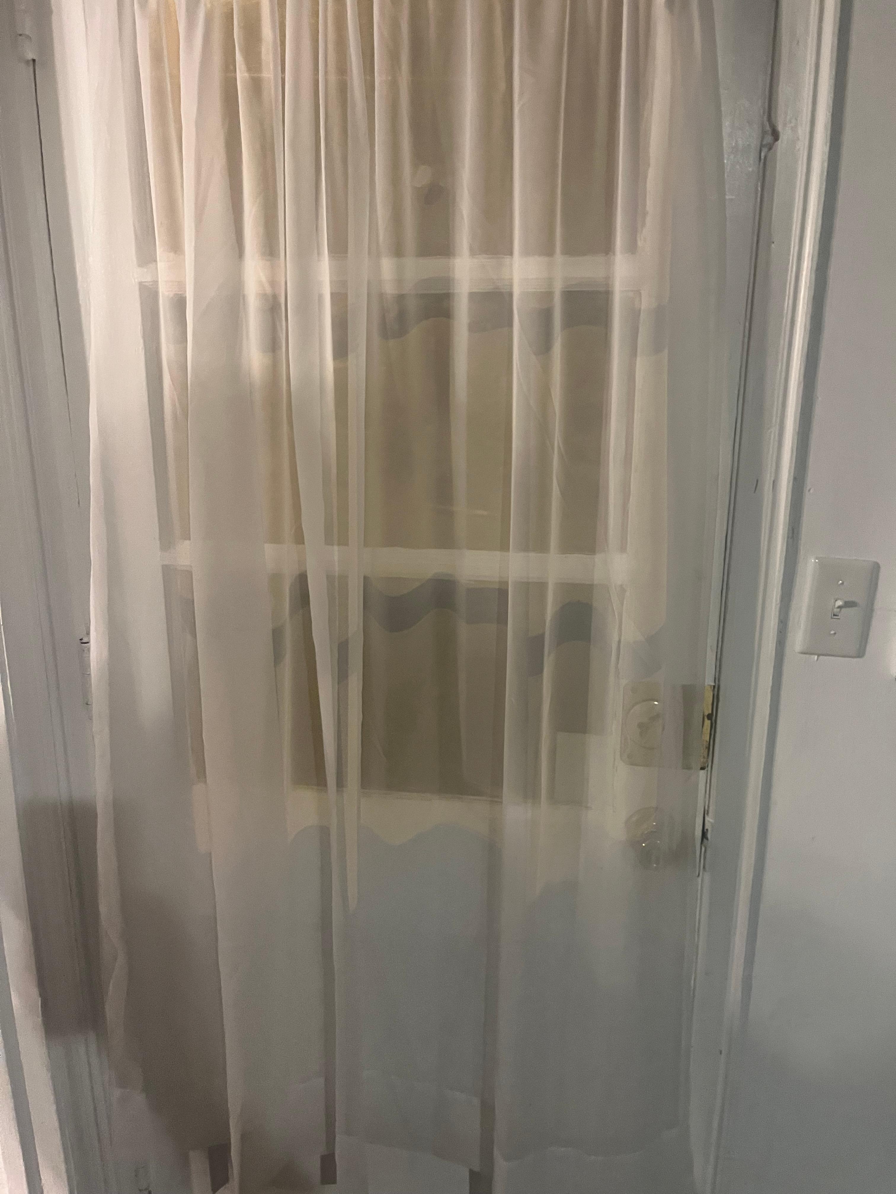 Back door in kitchen. Curtains see through No privacy. And door hard to open in case it was an emergency 