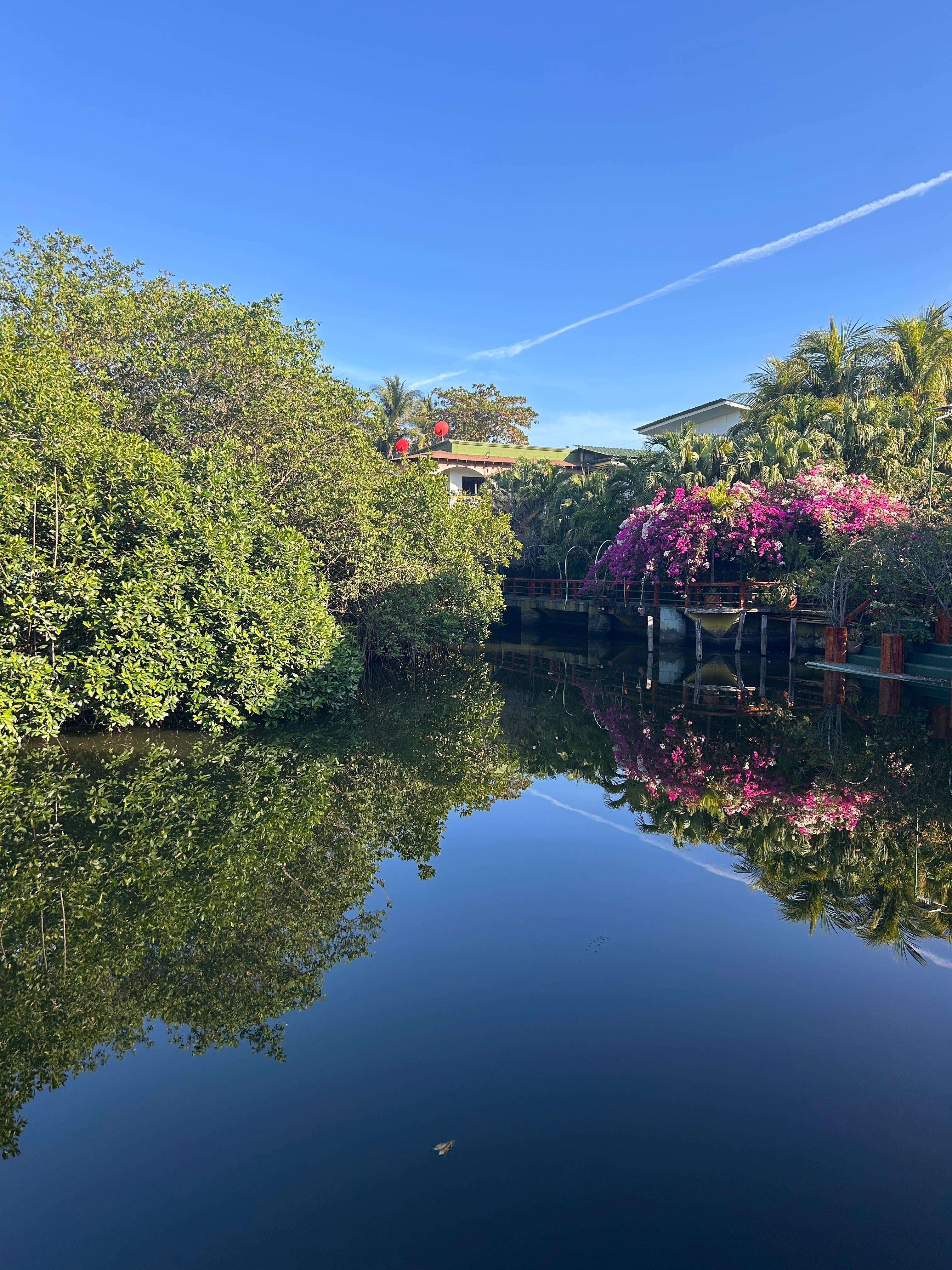The quiet river and there are rooms and places to sit at all along 