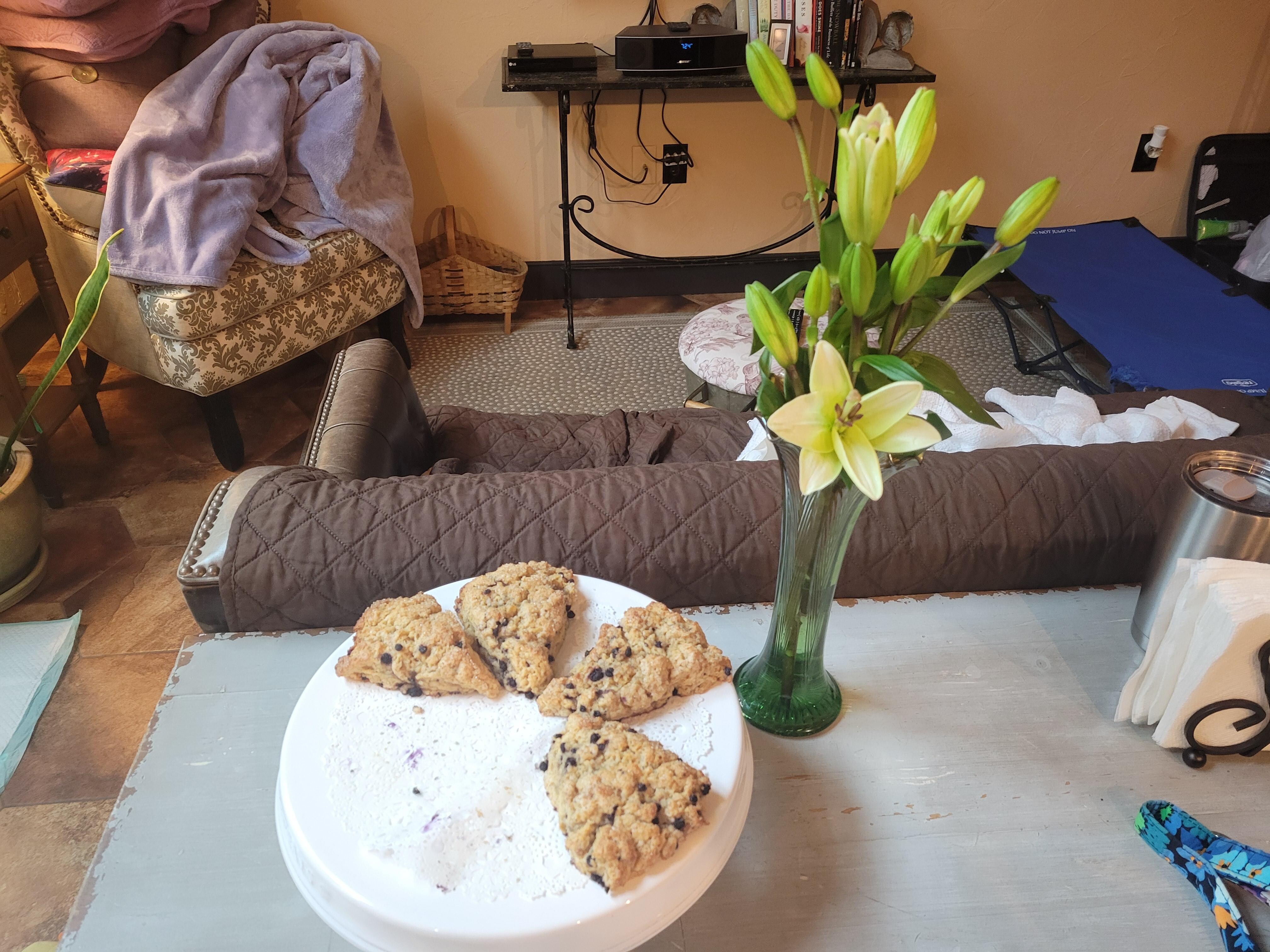 Scones (ate 2 before picture was taken)  and fresh cut flowers