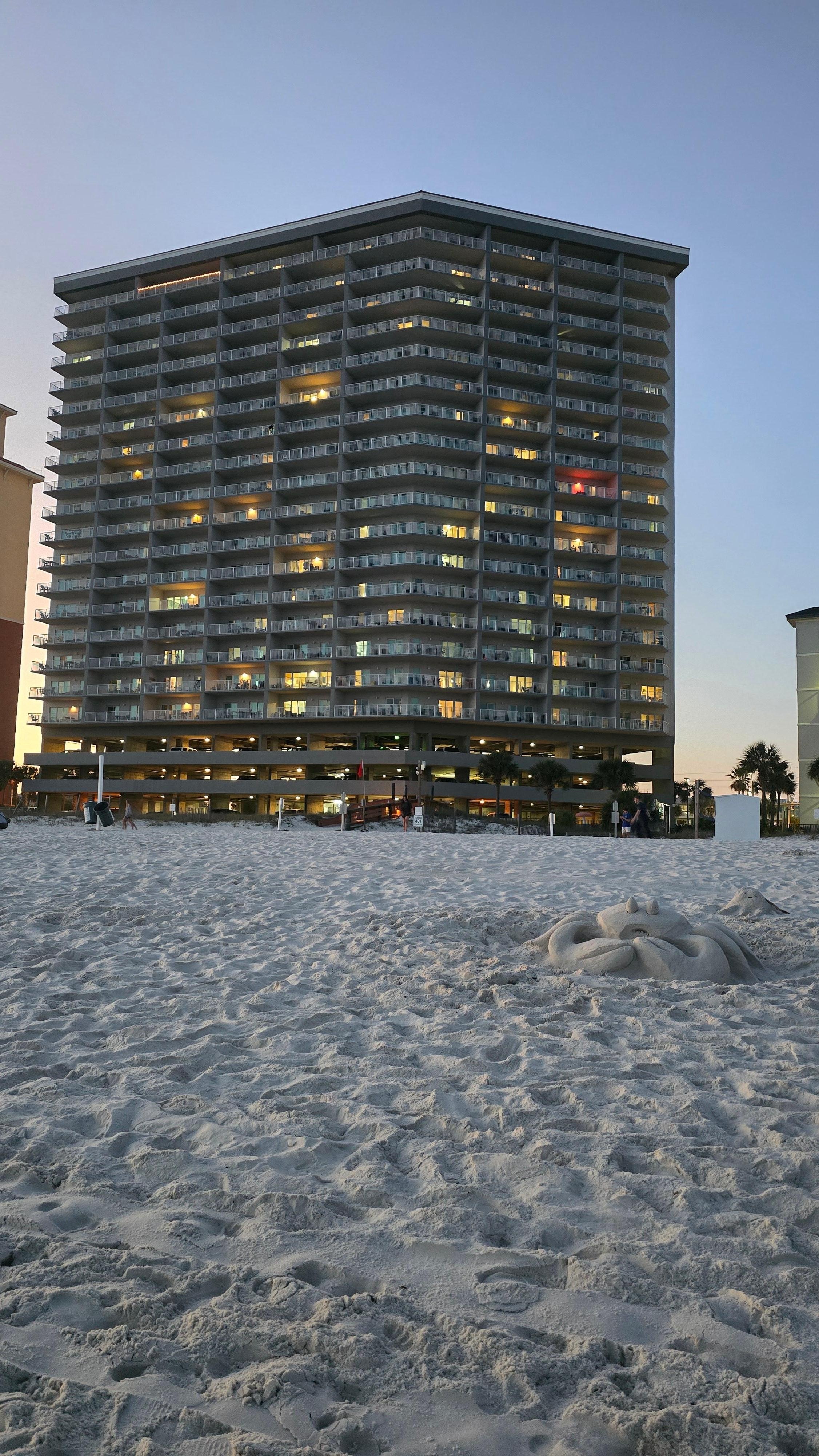 Back of condo from the gulf (and an awesome sand crab creation)