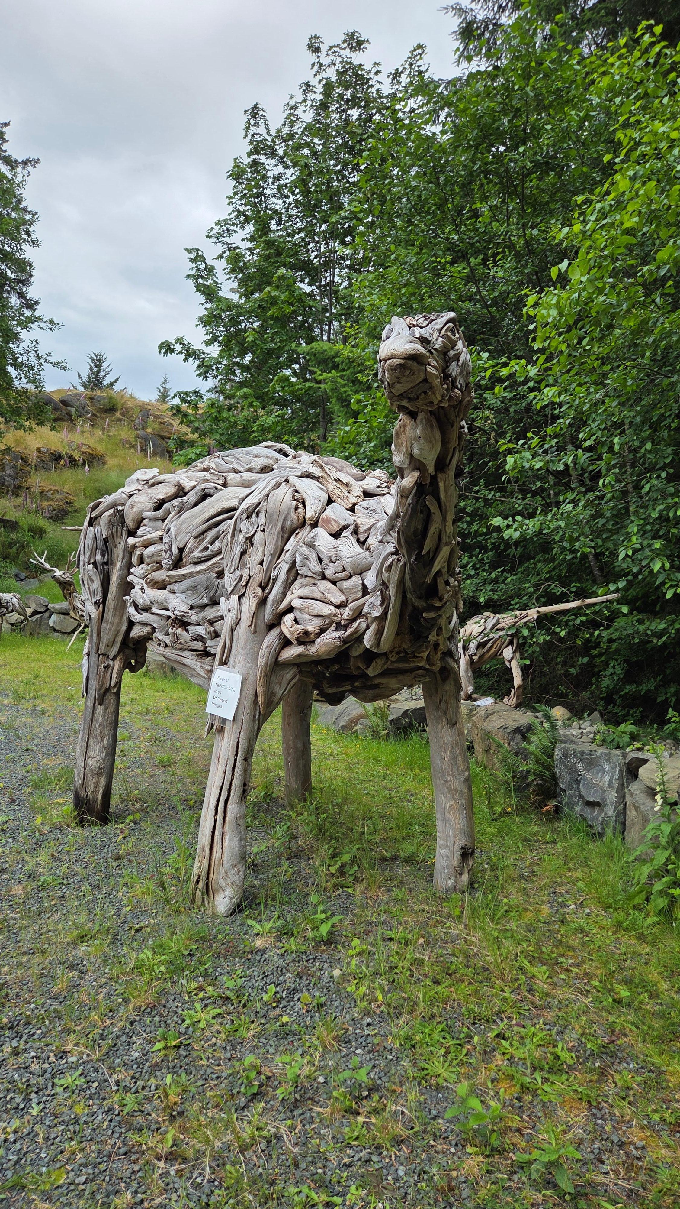 Driftwood scuptures in garden