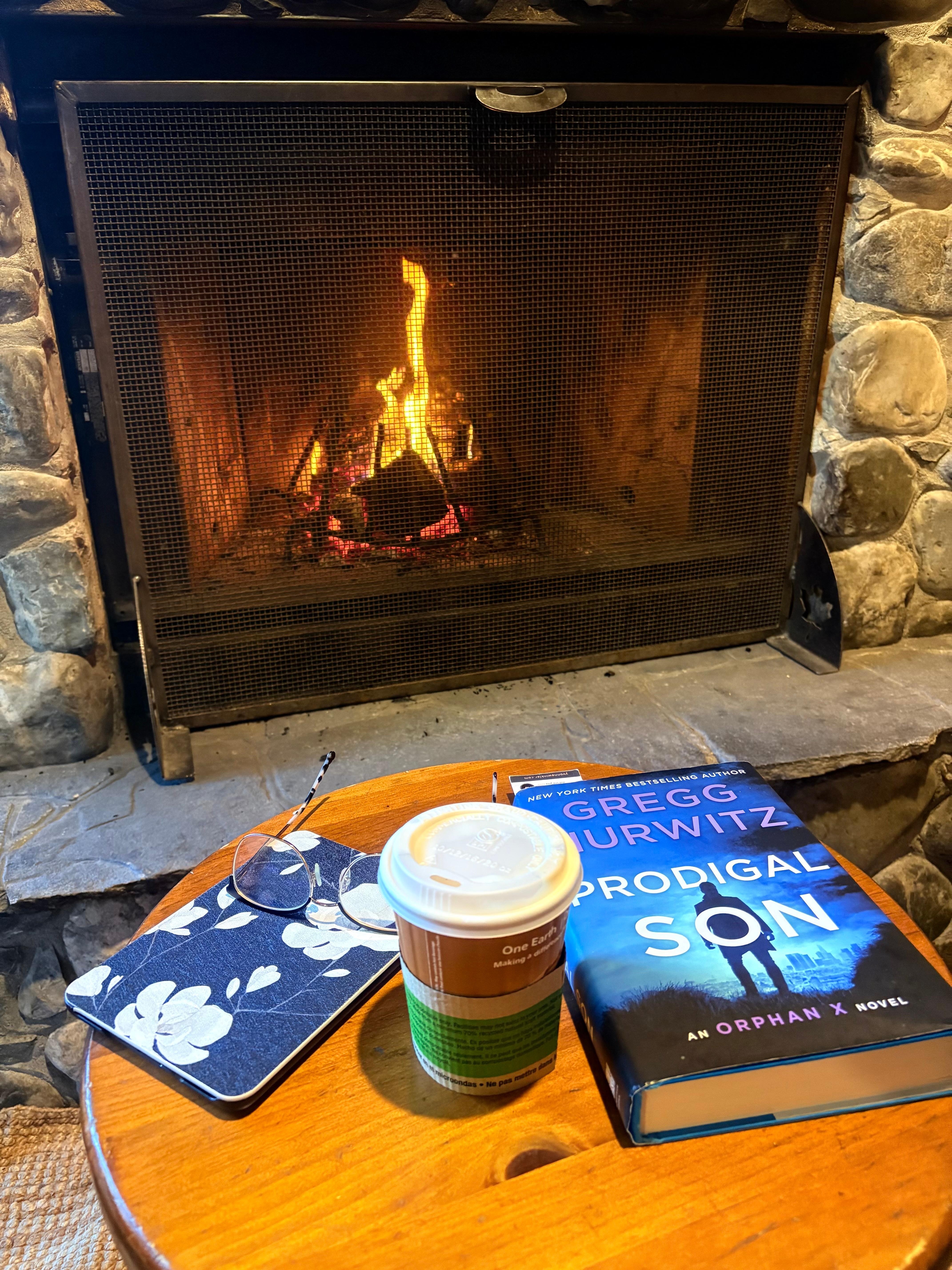 Relaxing by the fire with a book
