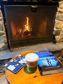 Relaxing by the fire with a book
