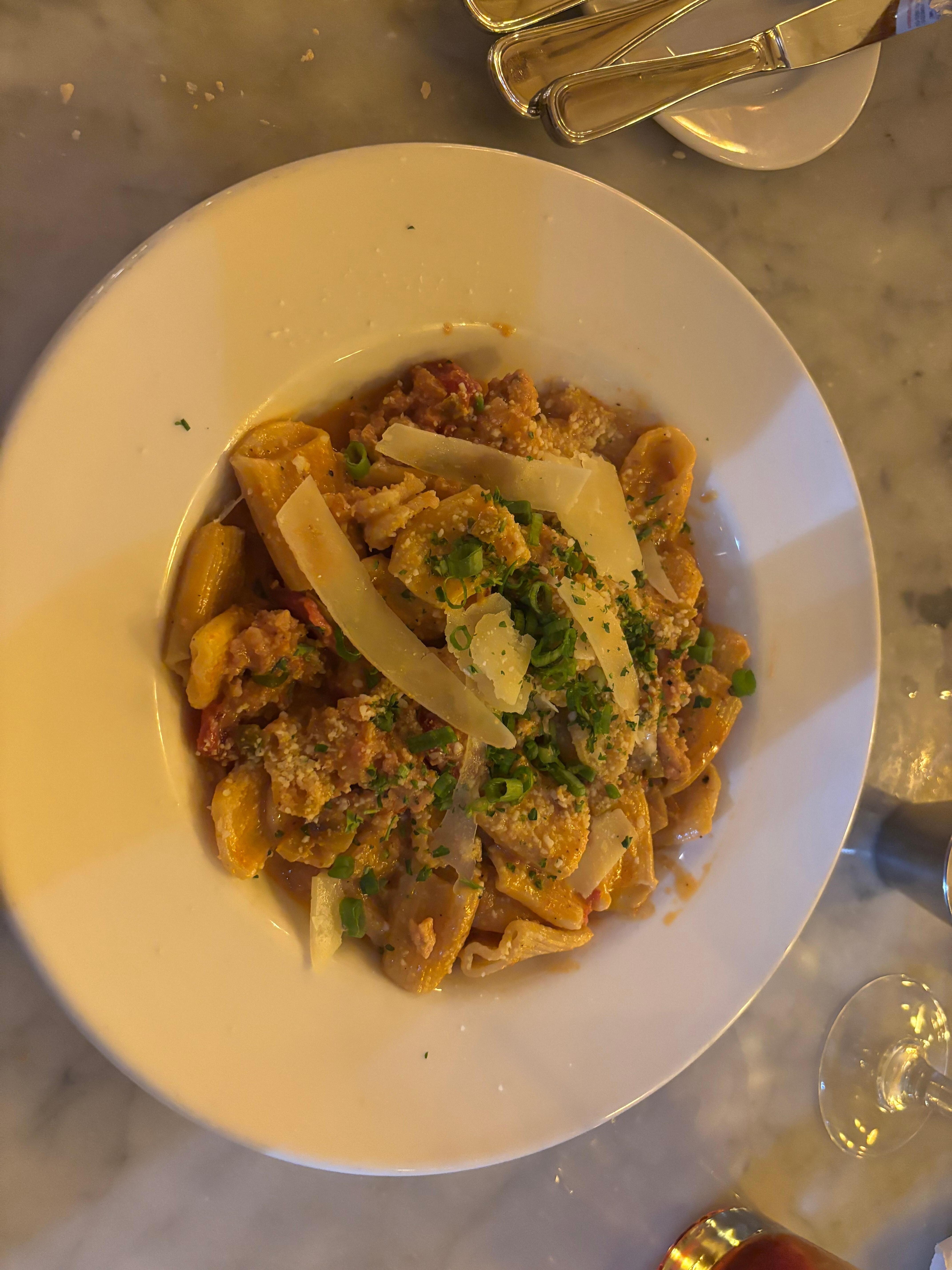 Alligator and crawfish rigatoni with cream Creole sauce