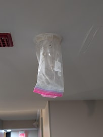Smoke detectors, covered with plastic bags throughout.