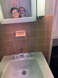 This bathroom downstairs is a showstopper with its pink tile that I am sure is original to the house!