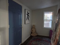 Exterior door to back yard with uncovered window.