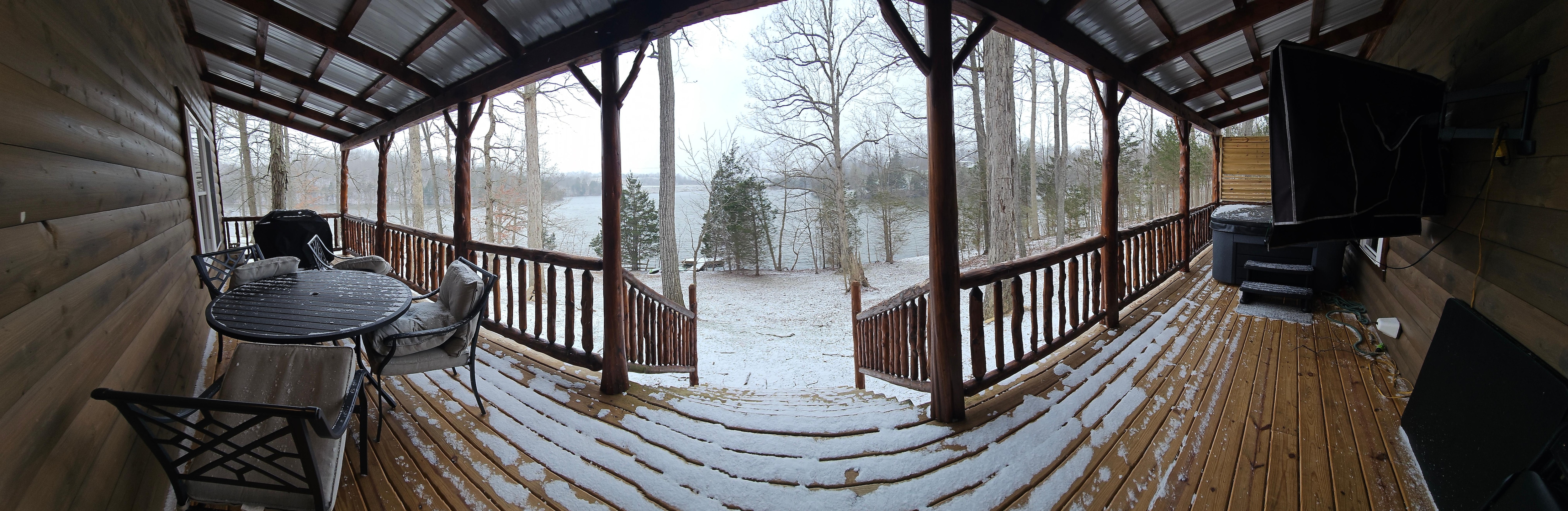 Magical peaceful covered patio looking out over the lake is perfect for morning coffee