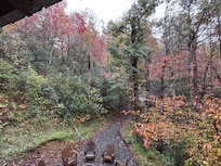View from screened porch of small deck by creek.