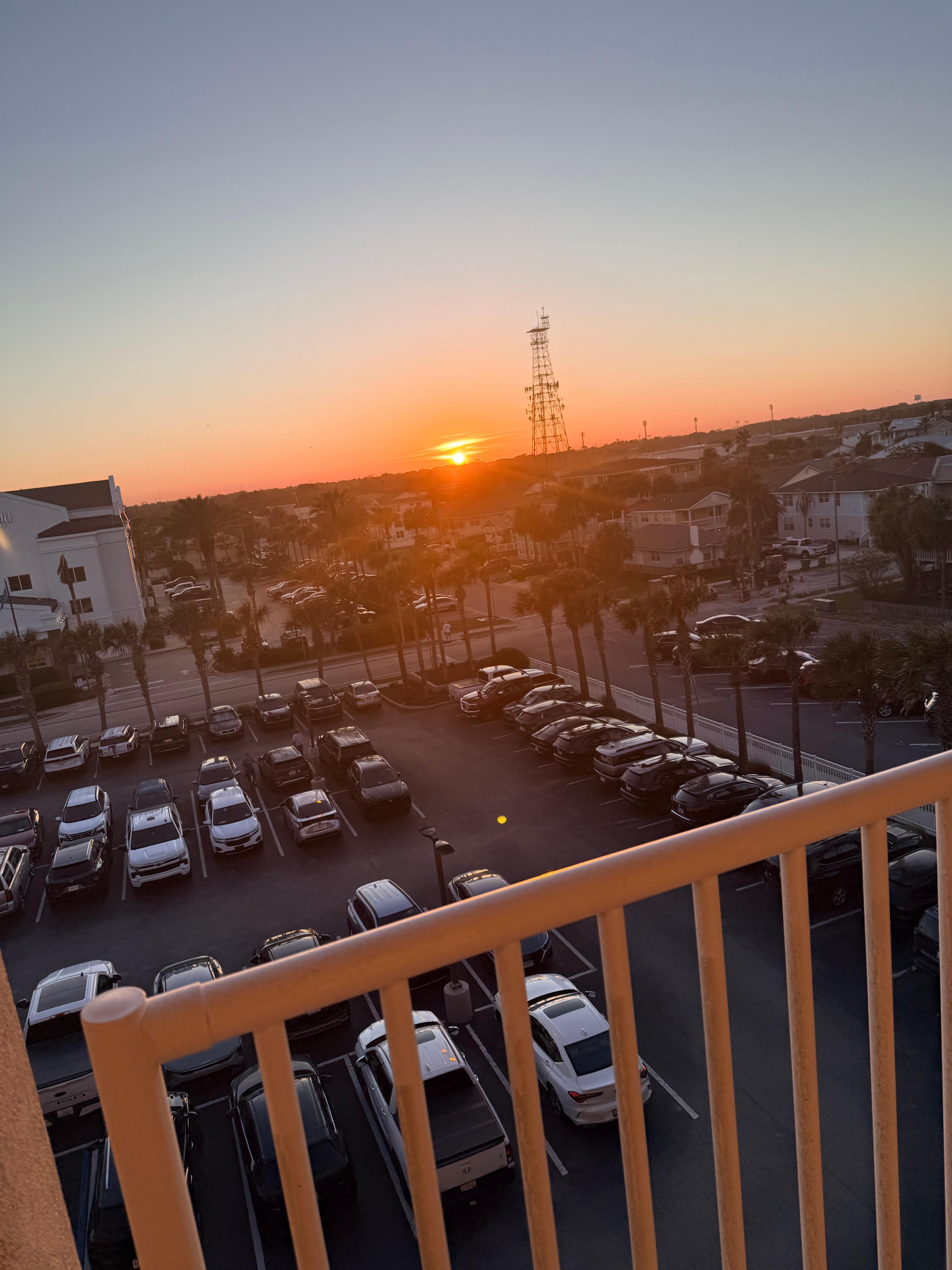 The front of the hotel sun set