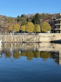 At the lake a block from the apartment.