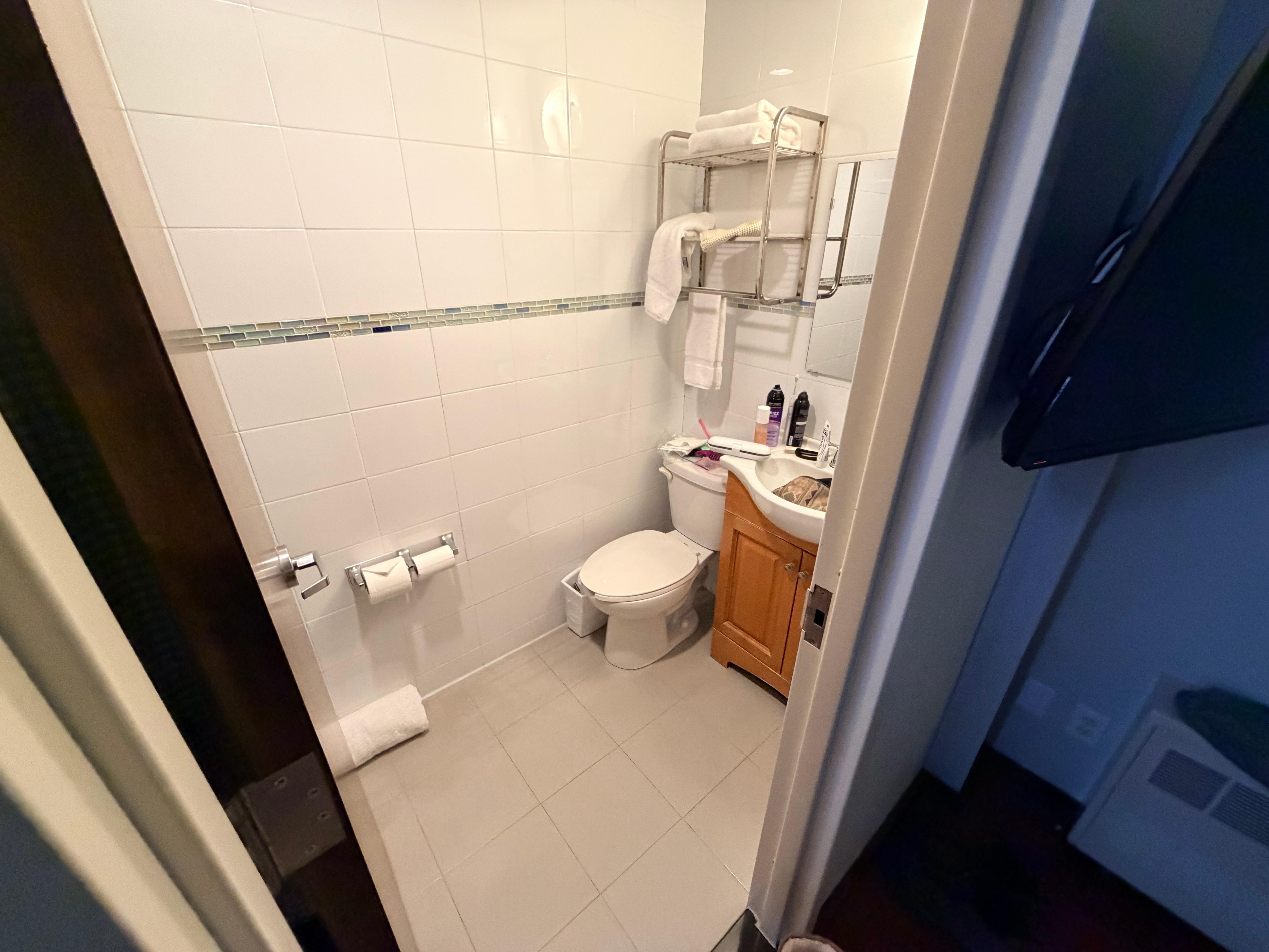 Bathroom is small, shower is to the left behind the door