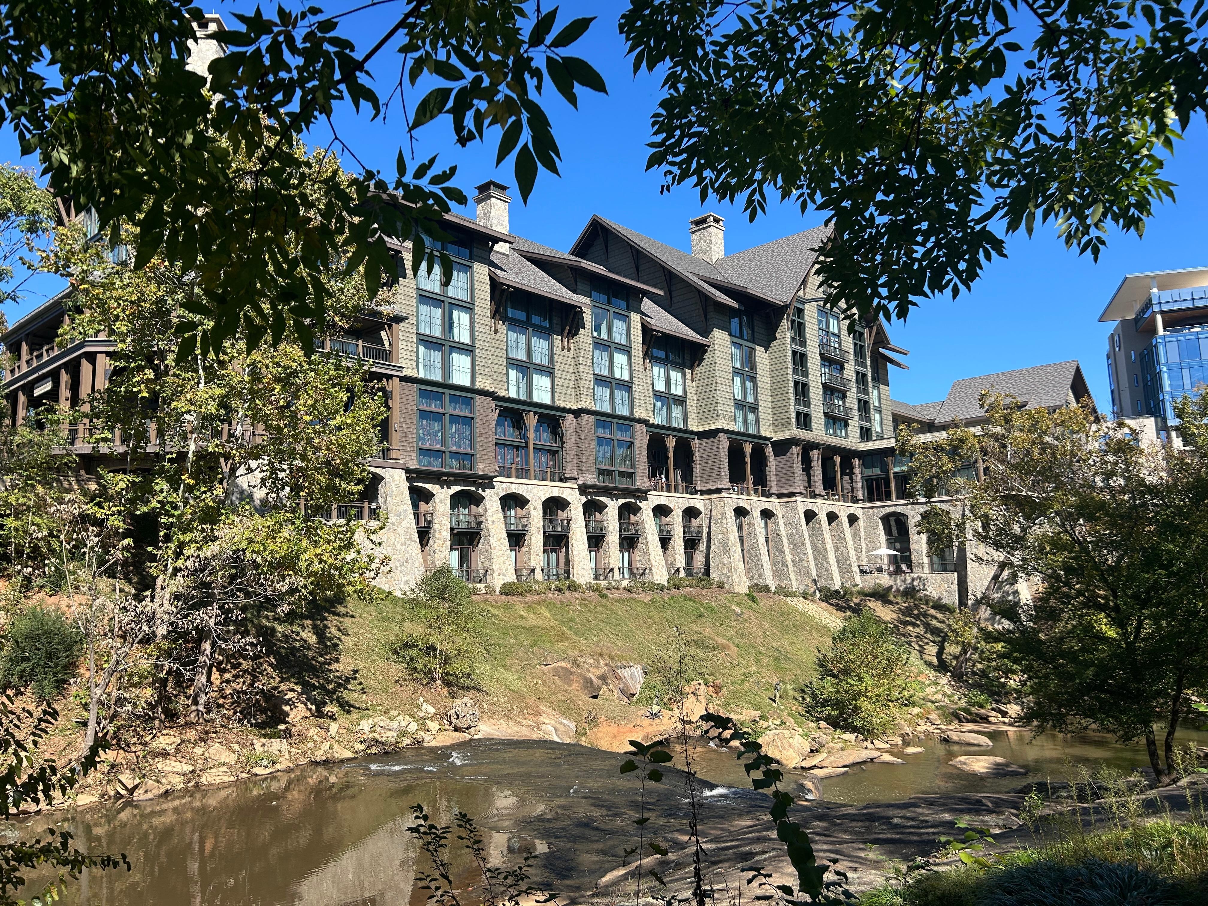 View of hotel from the park. Our room faced the waterfall and park. It was beautiful!
