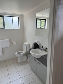 Bathroom. 2 mini-shampoo tubes. 2 mini- lotion tubes. 2 mini bars of soap. After requesting to change room (after first night) not knowing room door did not auto lock on close. I found a dump in my toilet later that night. I was out for 12 hrs.