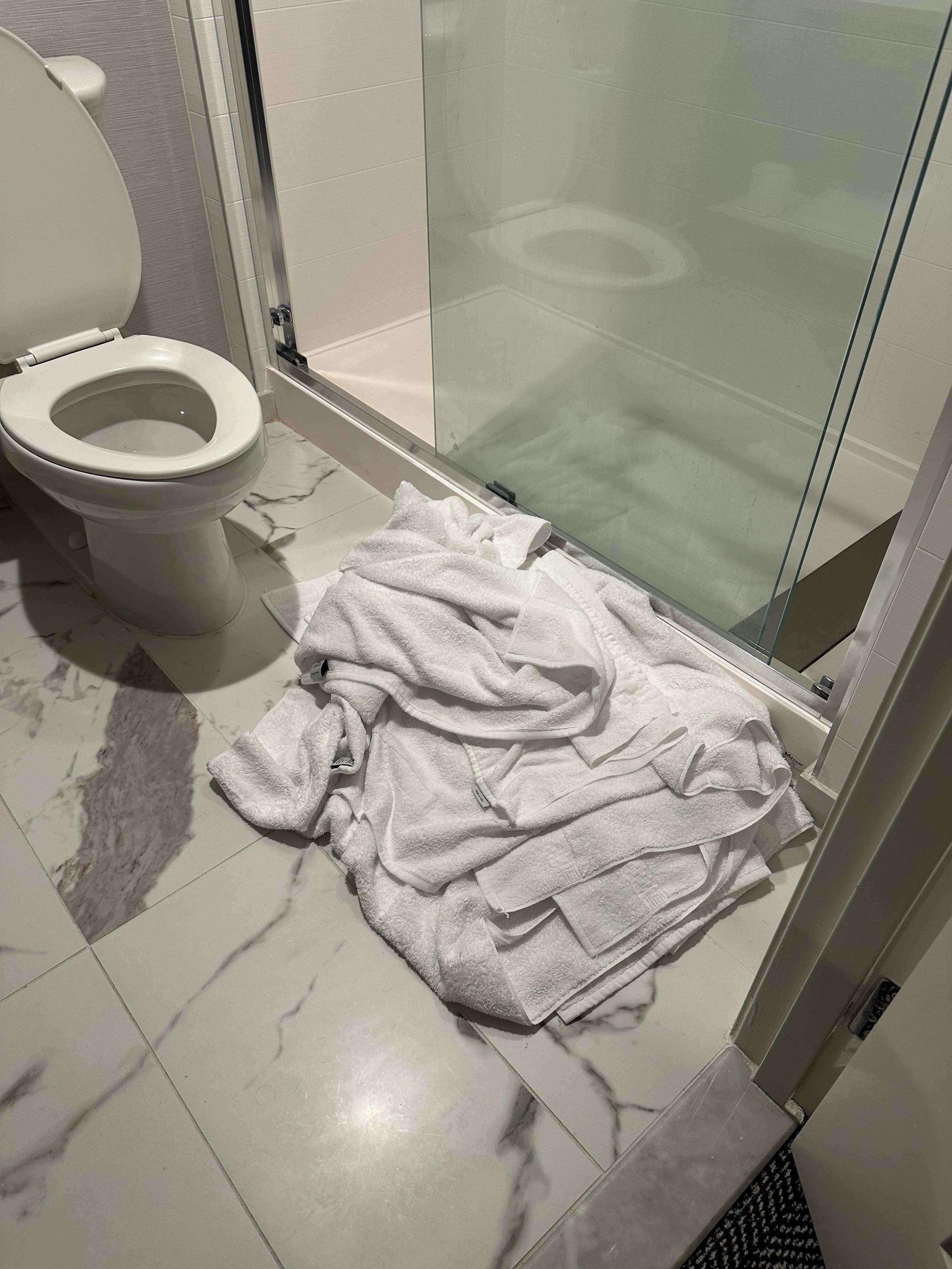 12 towels on the floor because they never came to clean roo
