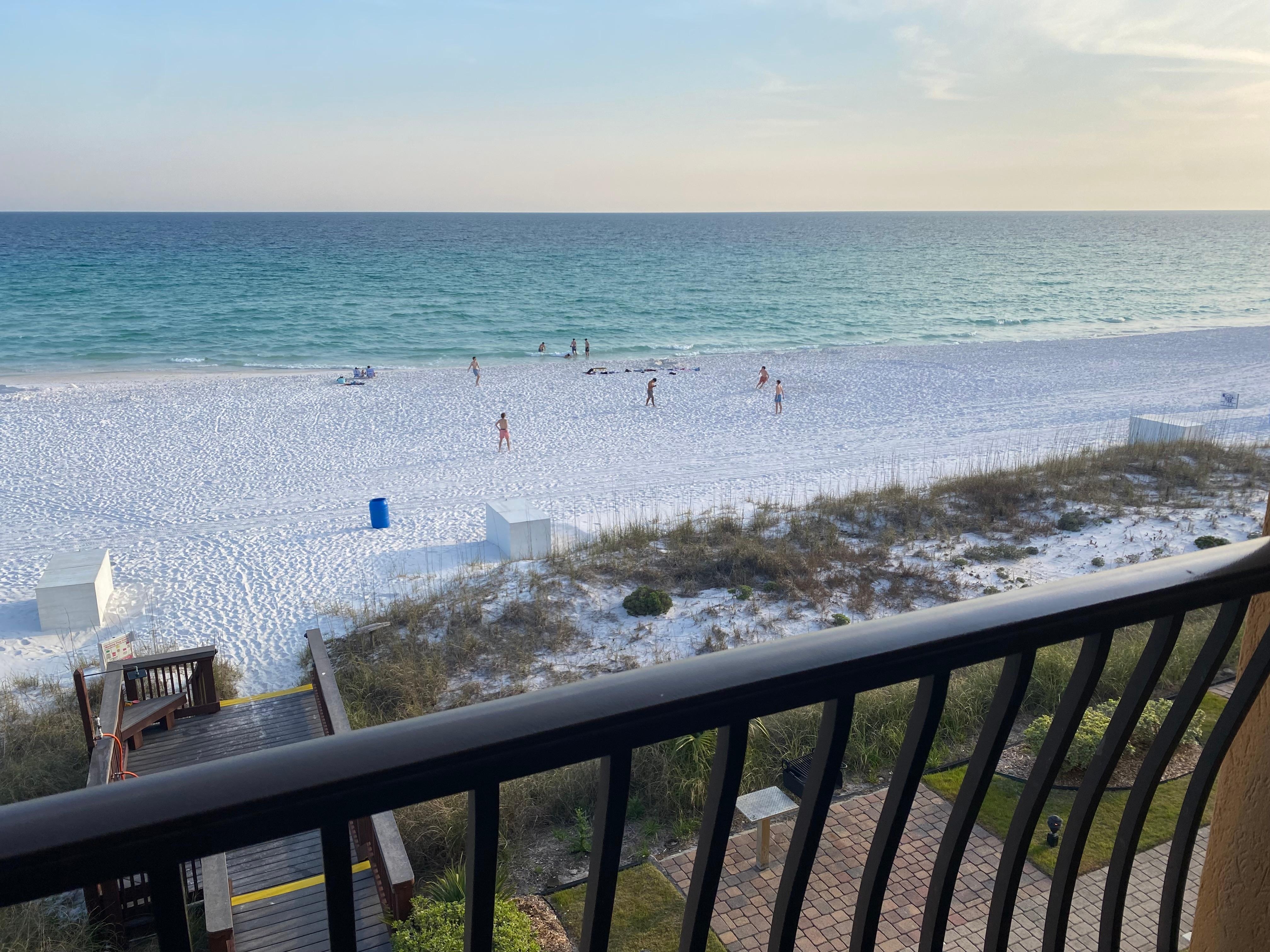 View from the balcony in the evening when the beach chairs were removed. 