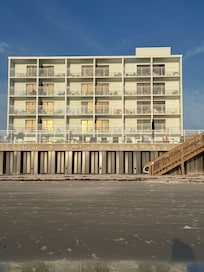 Beachside hotel view from the ocean.