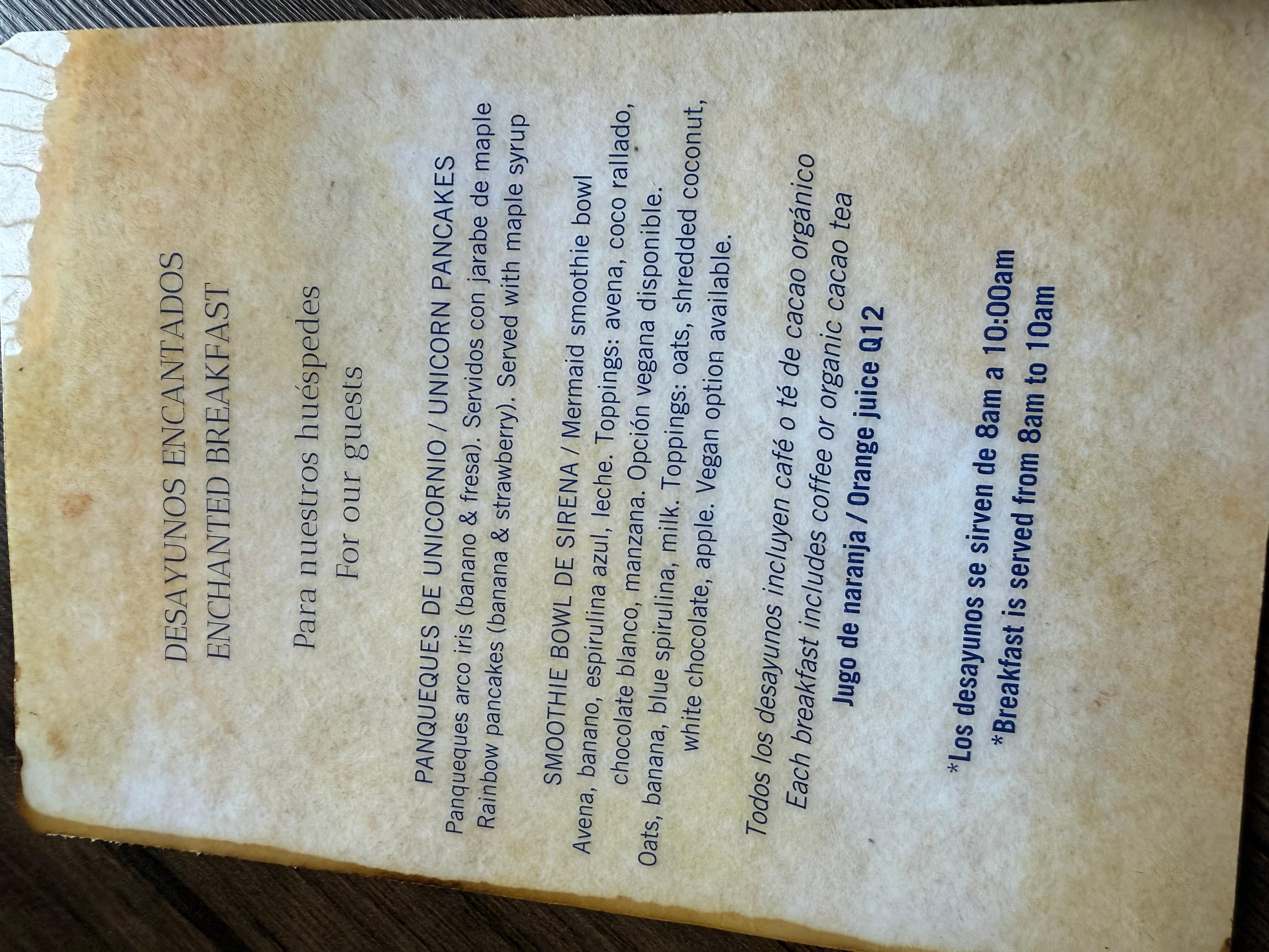 The “included breakfast” menu.