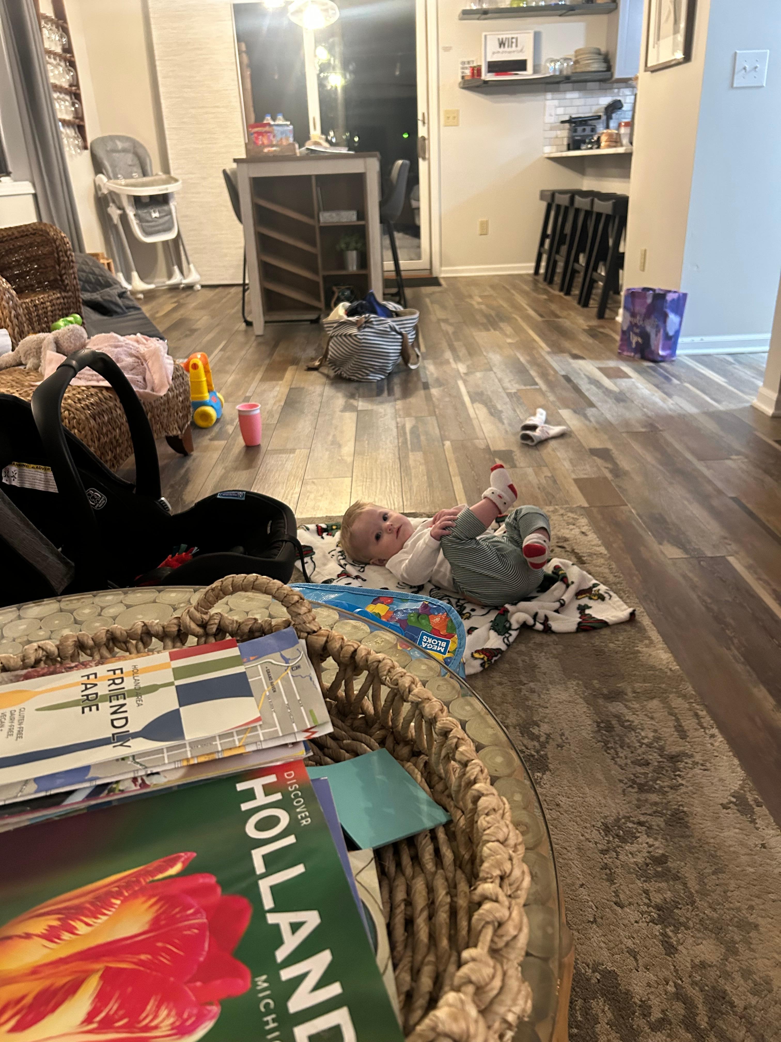 So much room to play and a very cool ceiling fan to supervise, says 10 mo old Hudson. 