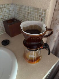 All of the tools needed for pour over coffee in the morning.