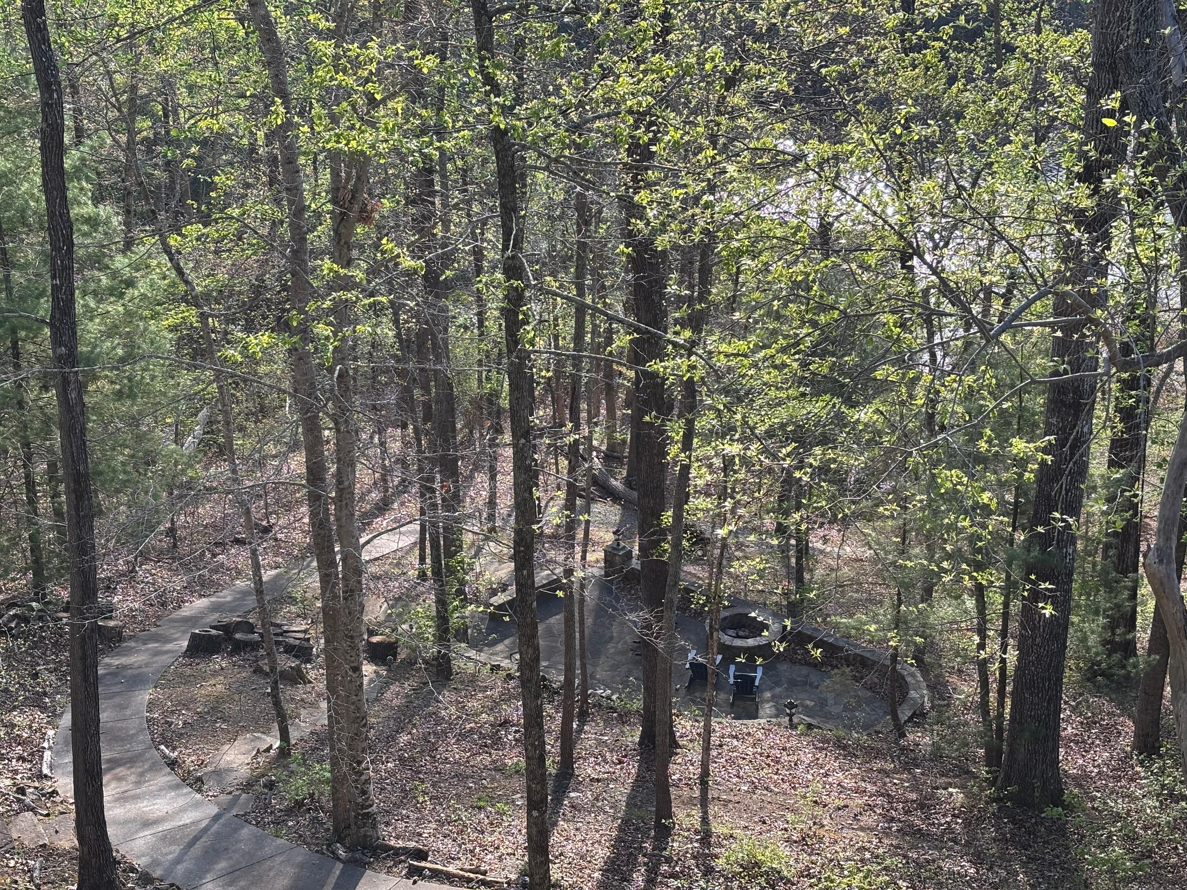Looking down on walkway to boat ramp and lake from balcony
