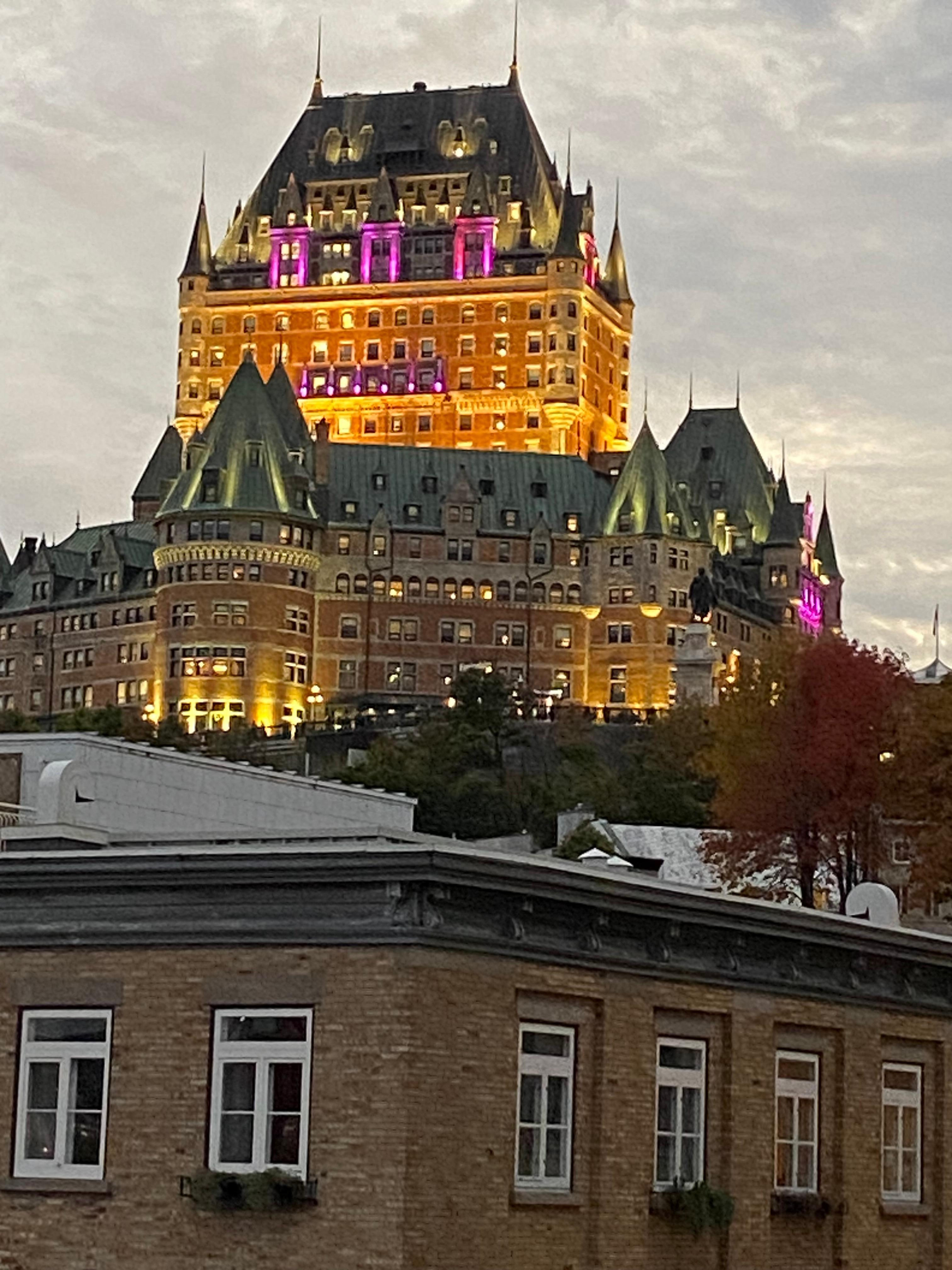 Looking at chateau Frontenac from the rooftop patio