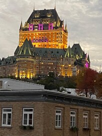 Looking at chateau Frontenac from the rooftop patio