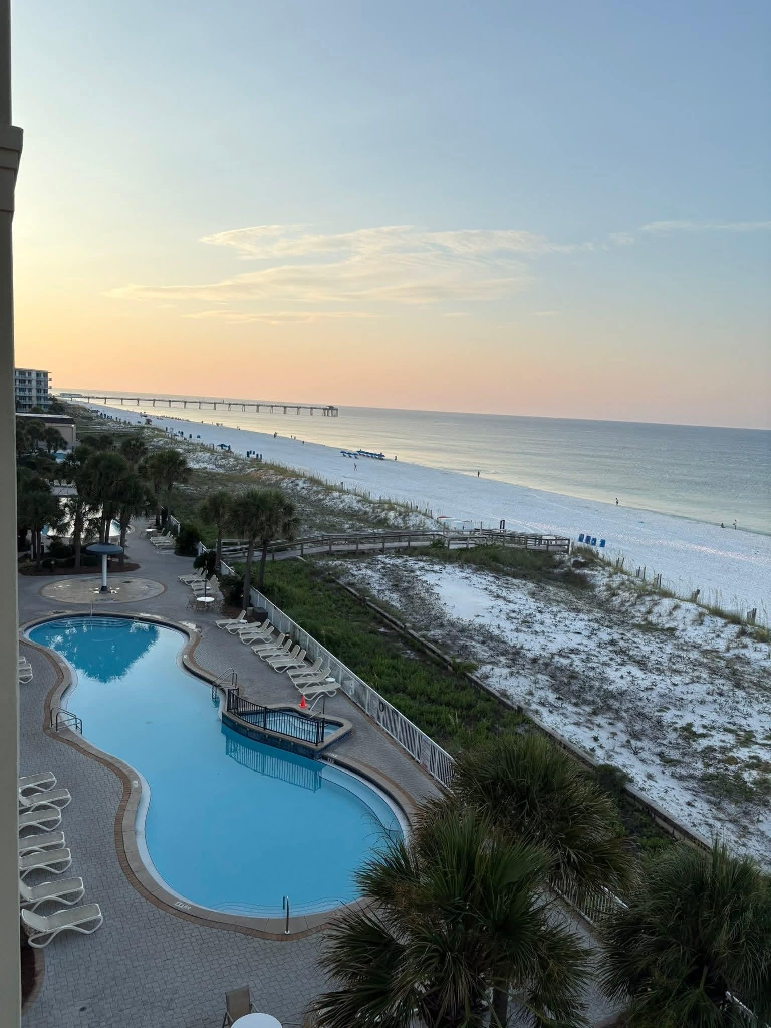 View of the beach and pool from the balcony