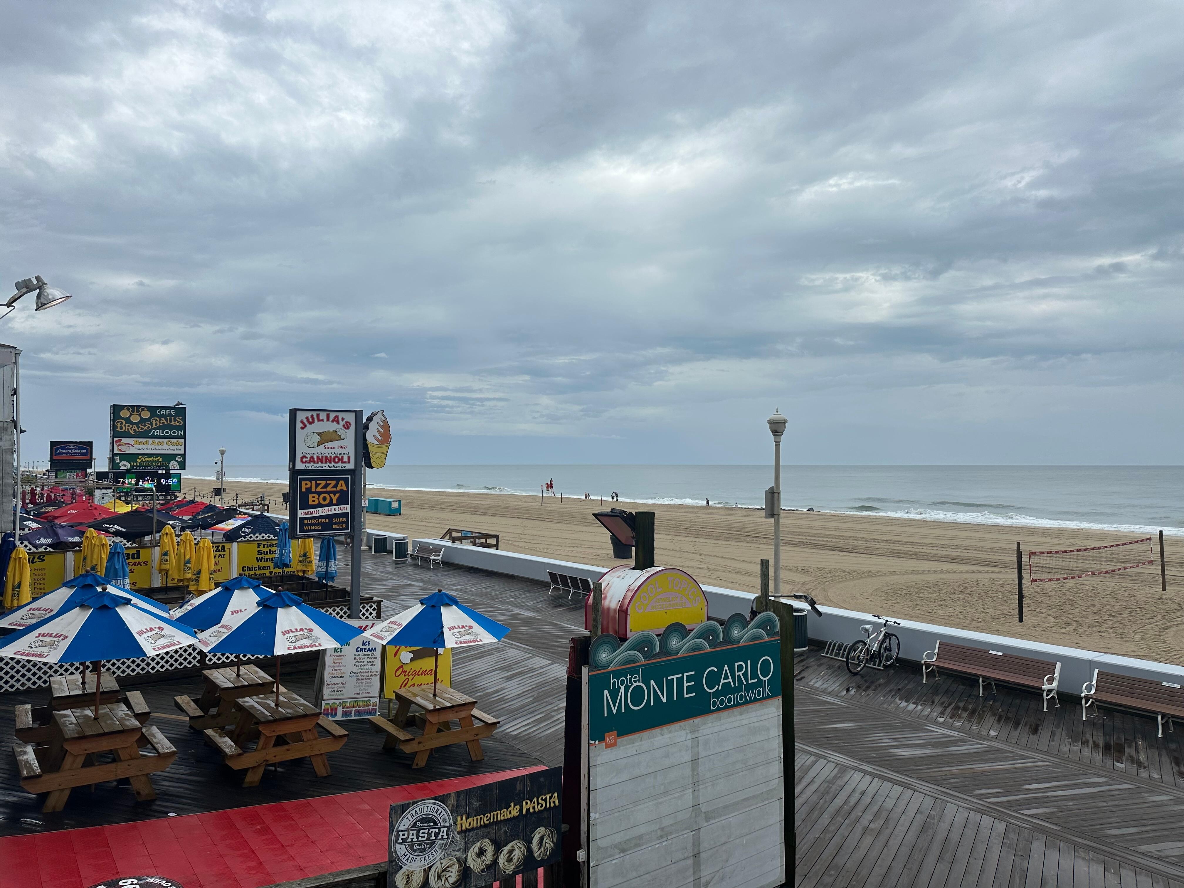Room overlooks the boardwalk and the beach.