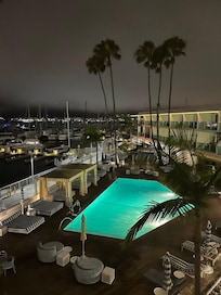 The beautiful pool area at night