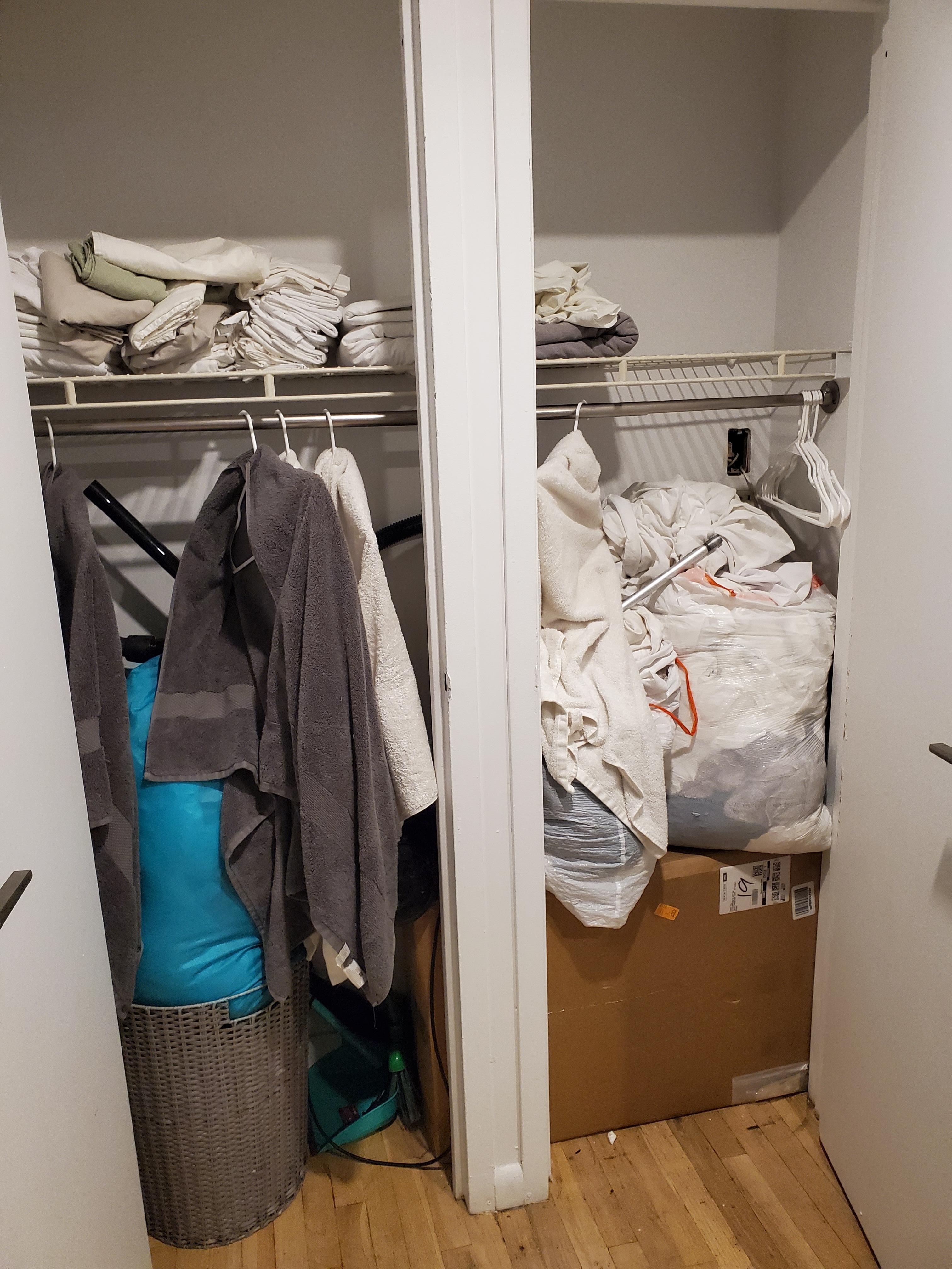 Dirty linens in coat closet 