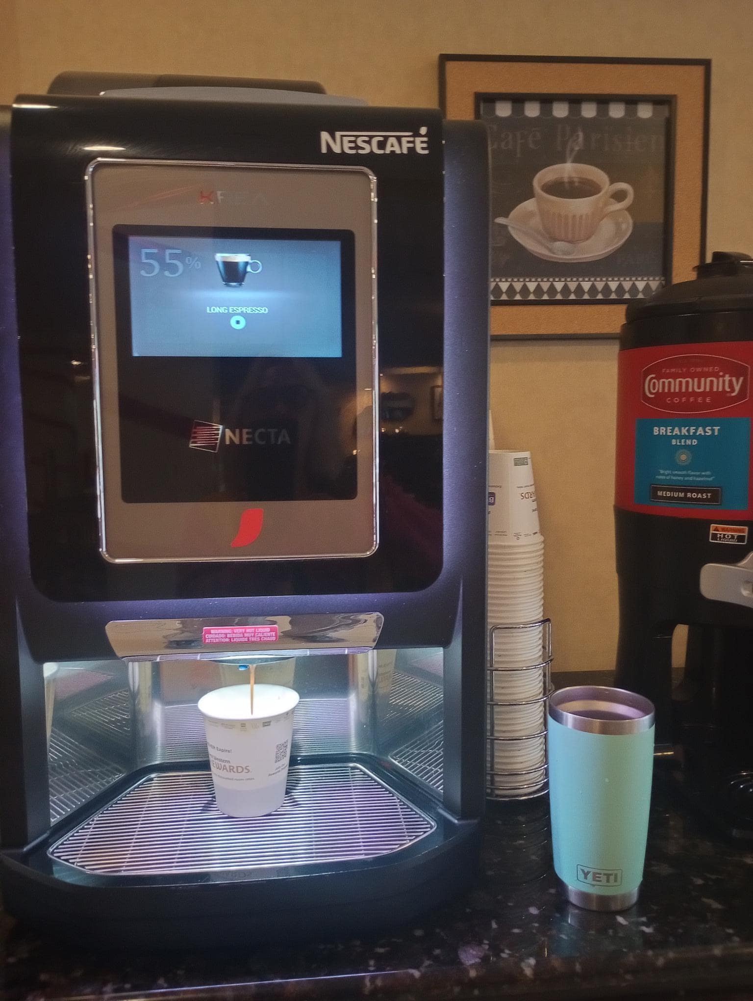 The coffee station in the breakfast room offered espresso drinks!