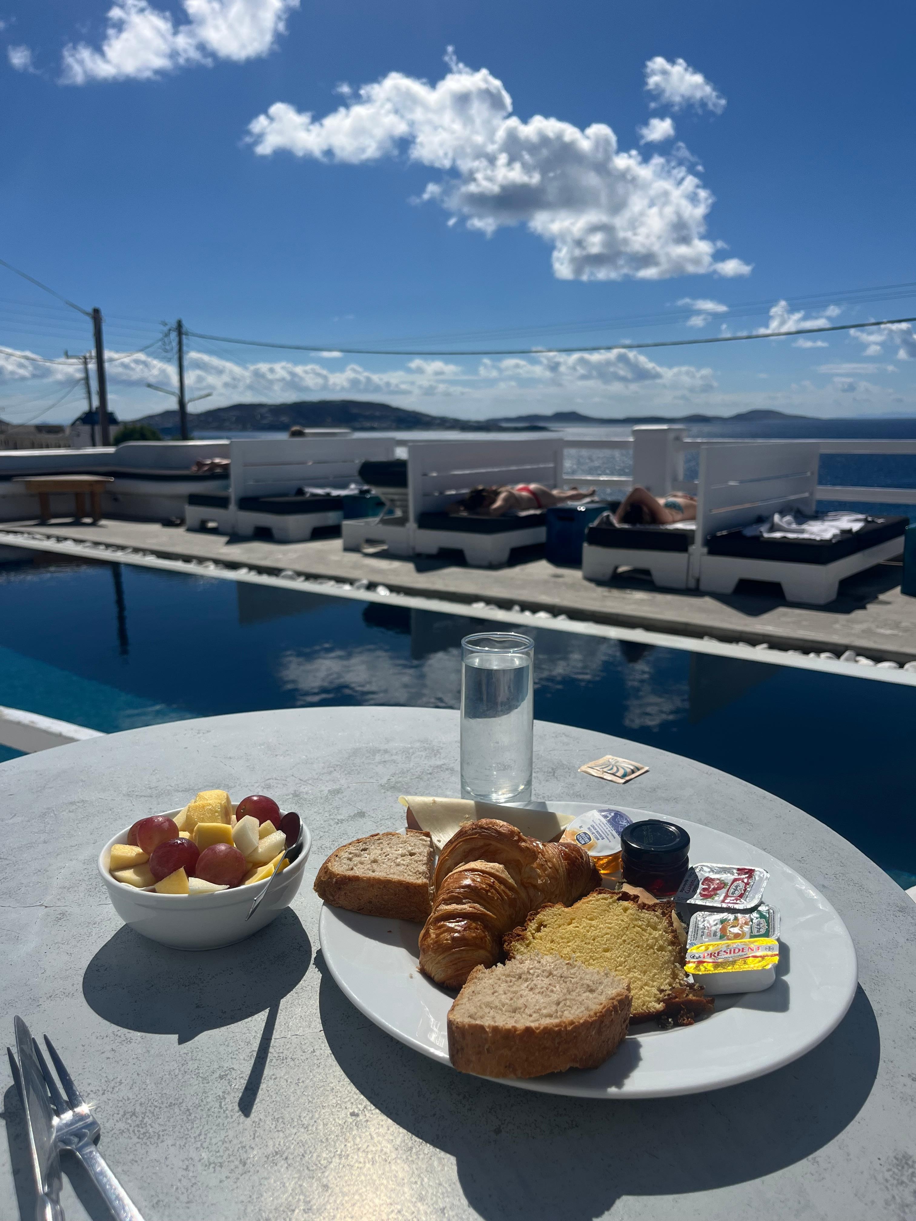Breakfast on our patio on the pool. 