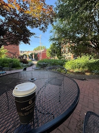 Zen garden across the street from the coffee shop.
