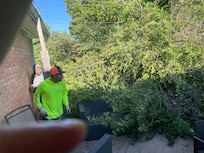 workers with a felled tree. old piece of wood holding up gutter.