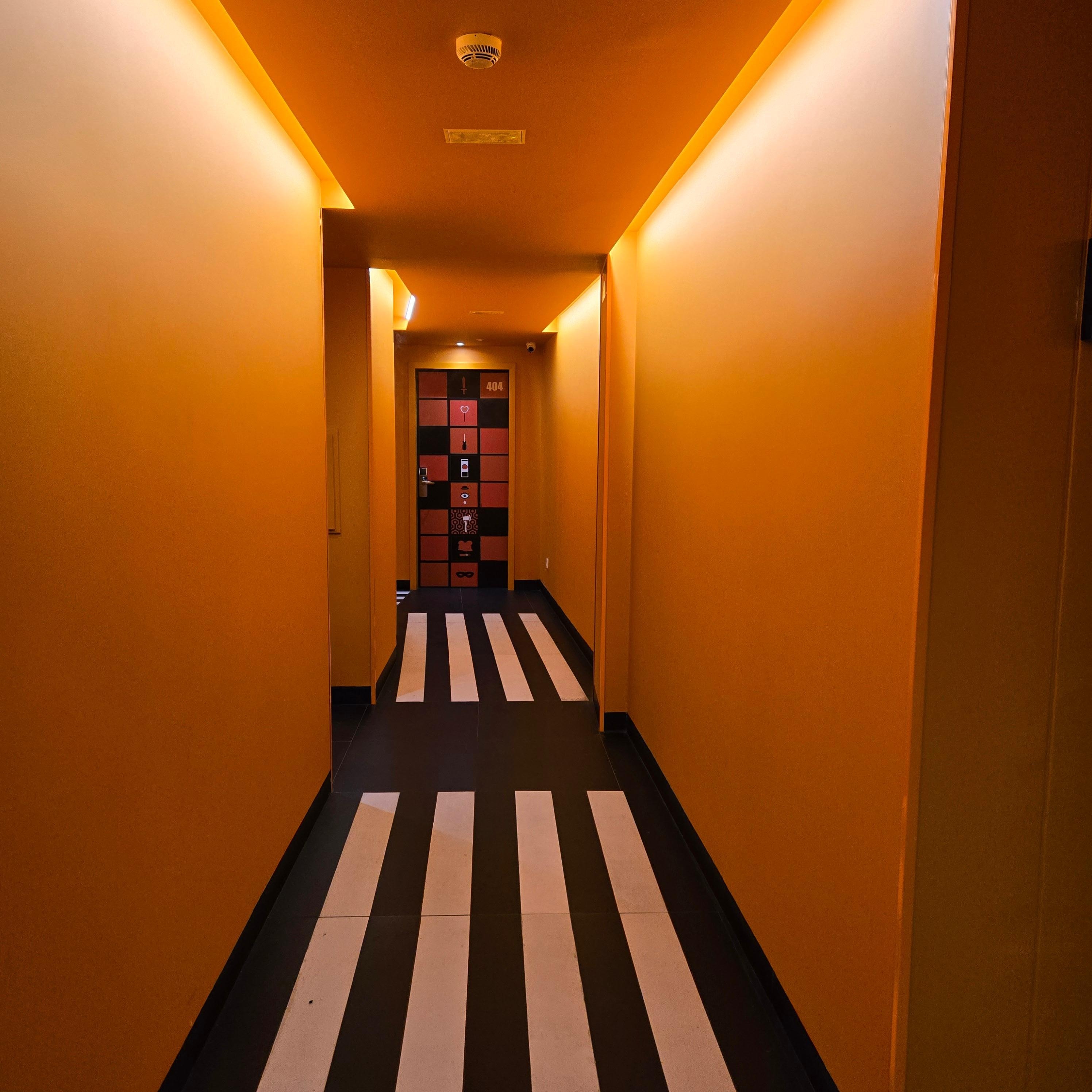 Dark hallways... each floor is a different color. 