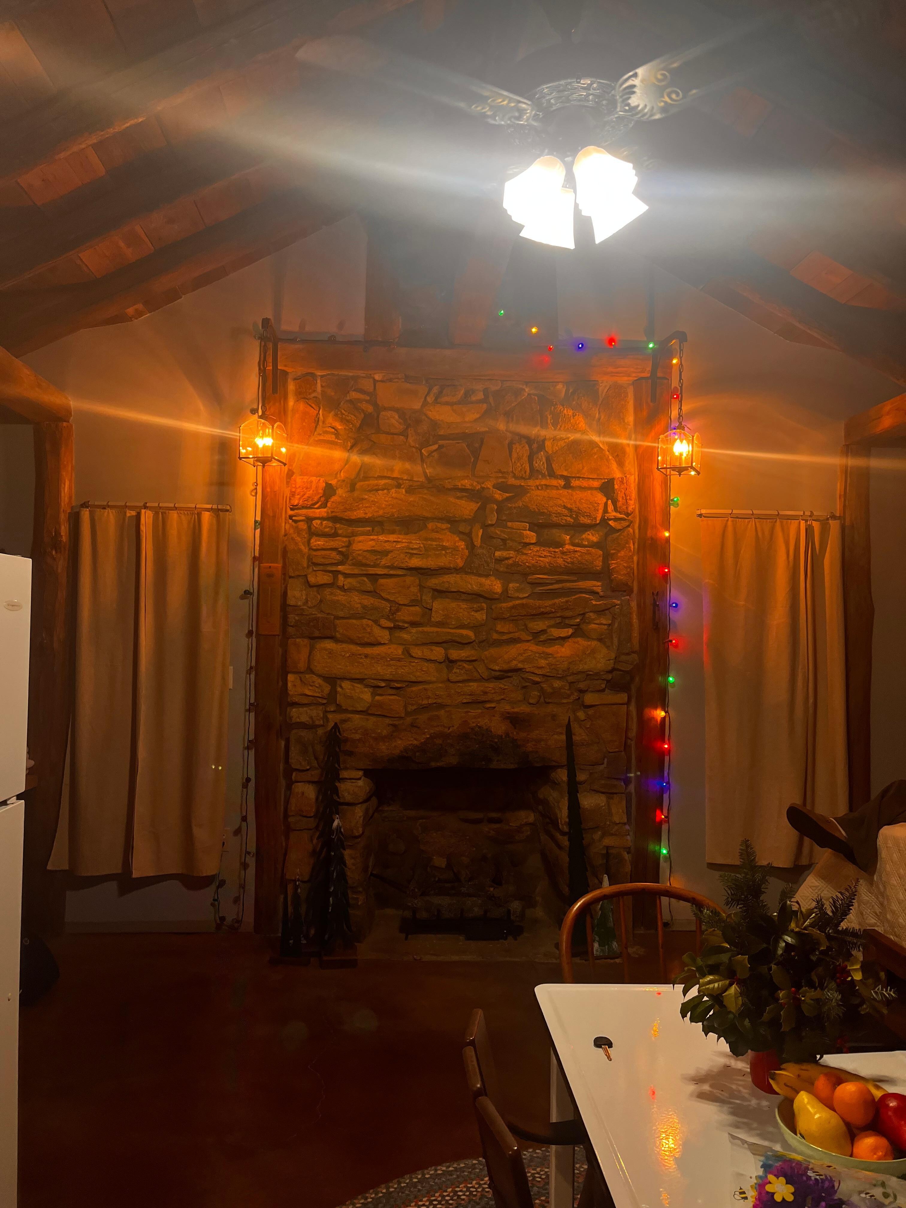 Christmas lights by the fireplace 