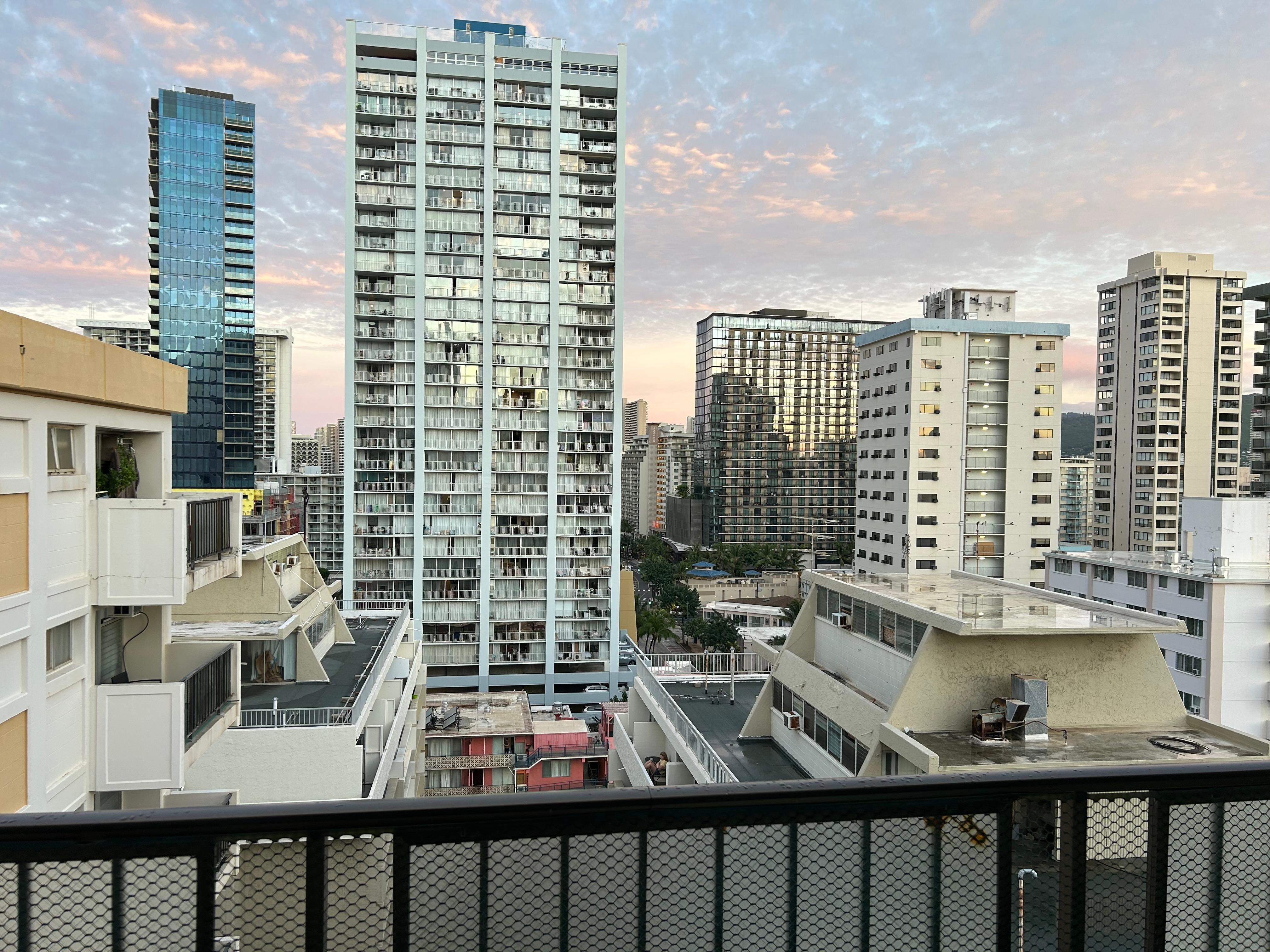 View out the little porch. Had a towel drying rack -- super helpful!