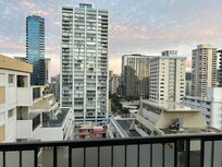 View out the little porch. Had a towel drying rack -- super helpful!