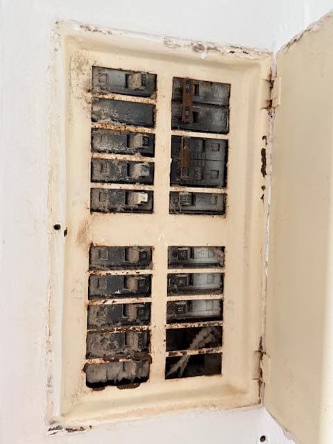 Dirty breaker box inside the kitchen (door was open)