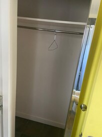 The only place to store clothing is in the bathroom and only by hanger. We didnât use it at all. As you can see in the first photo, we put our luggage on the table and chair in the room.