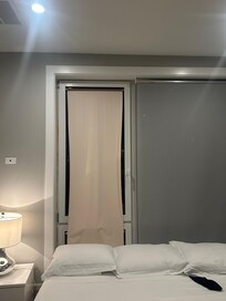 Missing bedroom curtain was replaced by one that was too small.
