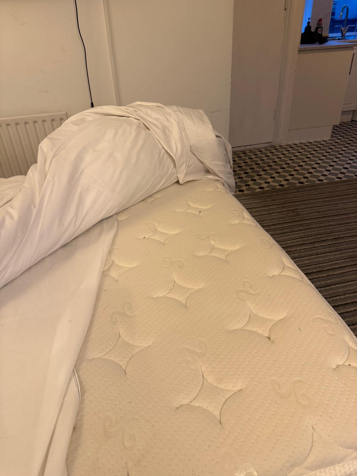 Dirty mattress and paper thin quilt 
