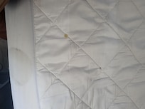 Mattress and sheets dirty with hair and stains on sheet and mattress